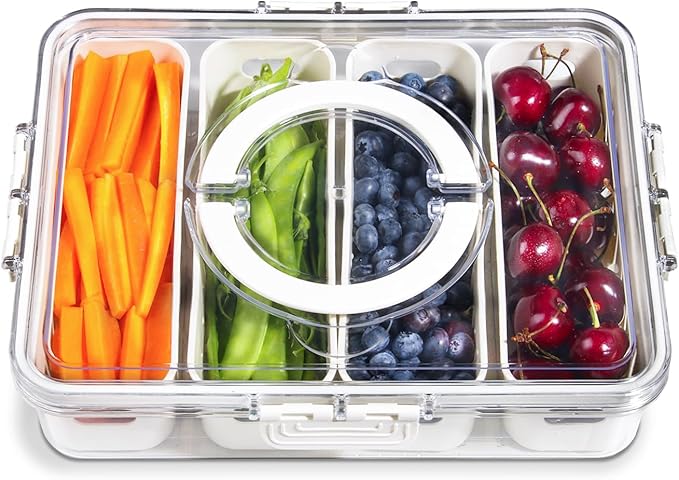 YFUIF Portable Fruit Storage Containers for Fridge, 4 Compartments Snack Box Container, BPA-Free Divided Serving Tray with Lid for Veggie, Clear Snack Tray Candy Tray
