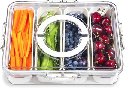 YFUIF Portable Fruit Storage Containers for Fridge, 4 Compartments Snack Box Container, BPA-Free Divided Serving Tray with Lid for Veggie, Clear Snack Tray Candy Tray