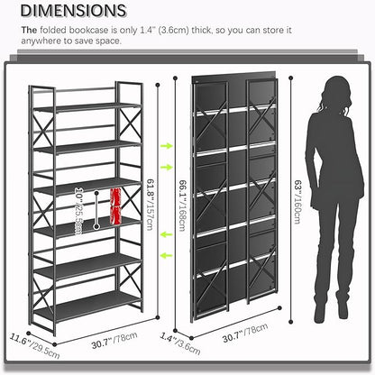 4NM Extra Wide 6 Tiers No Assembly Book Shelves, 61.8" H Folding Bookshelf Bookcase Open Industrial Foldable Shelves for Bedroom, Living Room, Home Office - All Black