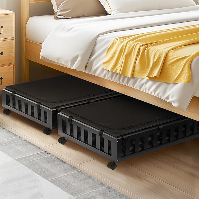 Gashell 2 Pack Bamboo Under Bed Storage with Wheels, 39”x20”x7.8” Lager Under Bed Storage Containers (Black)