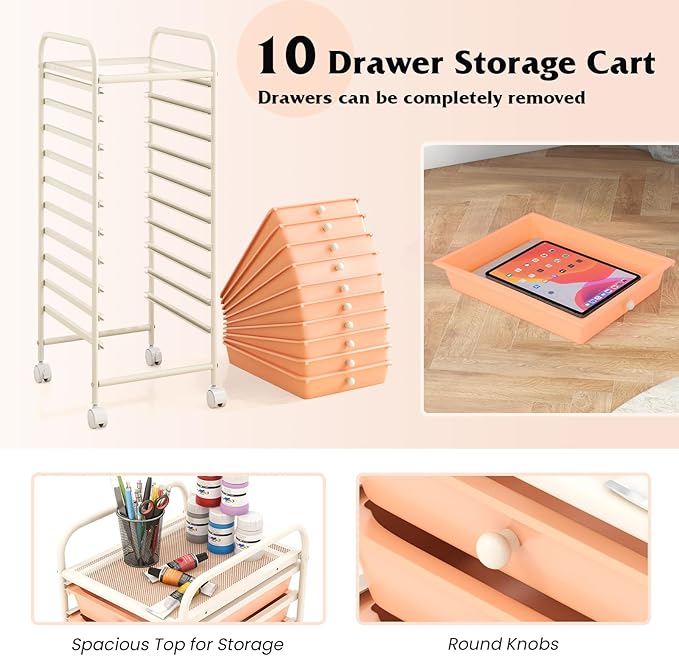 MAT EXPERT 10 Drawer Rolling Storage Cart, Multipurpose Utility Cart w/Plastic Drawers & Universal Casters, 10 Tier Mobile Storage Organizer Cart for Office Home Classroom Beauty Salon