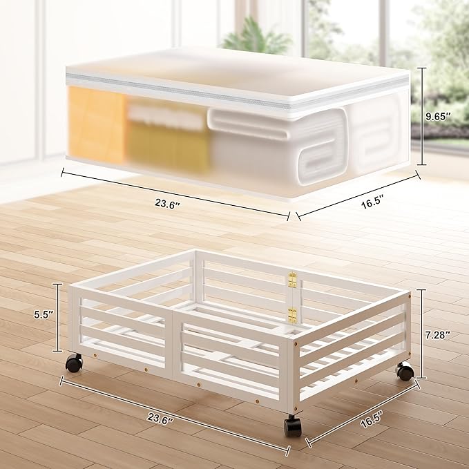Wisuce Home Under Bed Storage Containers With Wheels - 2 Pcs Bamboo Wood Rolling Underbed Shoe Storage Bins With Dust Bags for Clothes Blankets, Duvet Covers Snacks Toys (White)