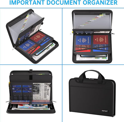 ENGPOW Accordion File Organizer, Fireproof Expanding File Folder with 13 Pockets Document Organizer with Handle & Labels, Portable Home Travel Safe Storage for Letter A4 Files and More, Black