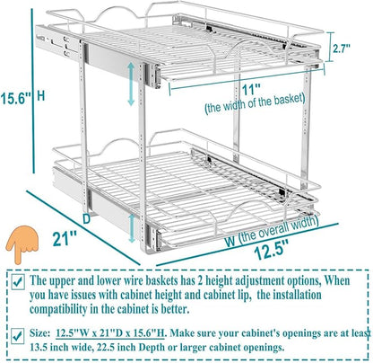 OCG 2 Tier Pull Out Cabinet Organizer (12.5" W x 21" D), Pull Out Drawers for Kitchen Cabinets, Pull Out Shelves for Base Cabinet Organization in Kitchen Bathroom Pantry, Chrome Finish