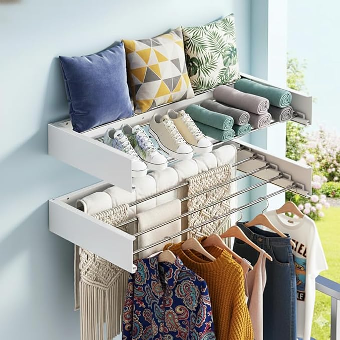 Wall Mounted Drying Rack for Laundry Retractable Clothes Dryer Racks 31.5” with 60 lb Capacity, Heavy Duty Clothing Drying Rack Foldable Space-Saving Design for Indoor & Outdoor