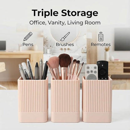 3 Pack Aesthetic Pen Holder for Desk-Sturdy Plastic Pencil Holder - Stylish Makeup Brushes Cup for Women Girls - Cute and Functional Desk Organizer for Office Supplies - Modern Office Decor Pen Cup