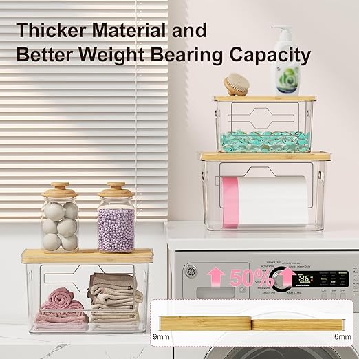 2 Pack Trash Bag Holder with Bamboo Lid, Stackable Acrylic Trash Bag Dispenser Roll Holder Under Sink, Plastic Container Garbage Bags Storage Organizer for Kitchen, Pantry, Laundry Room Organization