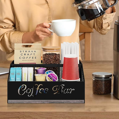 Coffee Bar Organizer for Countertop, Wooden Counter Station Organizer with Metal Mesh Basket, Coffee Bar Accessories Decor for Pods Condiment Syrup Tea Sugar, Gray