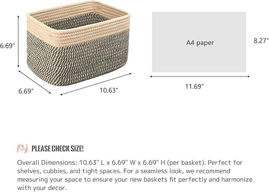 Small Cotton Rope Basket – Storage Bin for Organizing (10.6" x 6.7" x 6.7"), Bathroom Storage Basket for Shelf, Counter & Closet（Camel & Mixed Black）