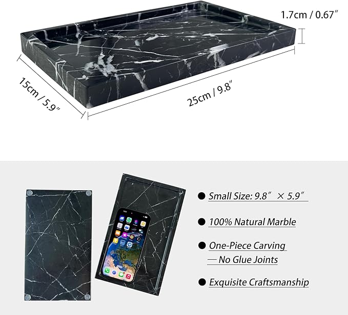 OAIQNUJ Natural Black Marble Vanity Tray, 9.8"x5.9" Genuine Marble Stone Tray for Bathroom/Kitchen/Dresser
