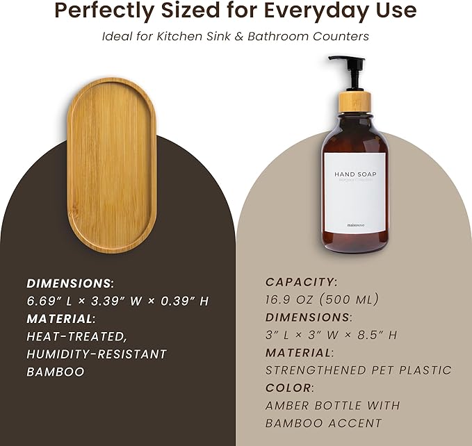 Maisonovo Plastic Soap Dispenser Set | Hand Soap and Dish Soap Dispenser Set | 16.9oz Amber Bottles with Black Bamboo Pump | Bathroom Lotion Dispenser with Pump Set of 2