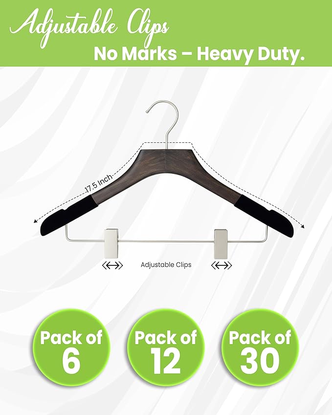 All Hung Up Hangers - Wooden Hangers with Clips for Women, Solid Wood Skirt & Suit Hangers, Heavy-Duty Adjustable Non-Slip Design with Velvet Grip, Mahogany with Black Velvet, 12 pcs
