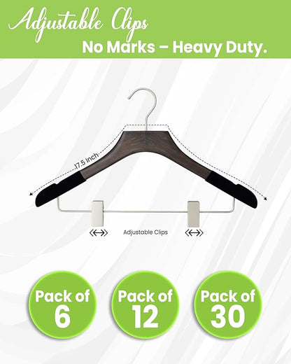 All Hung Up Hangers - Wooden Hangers with Clips for Women, Solid Wood Skirt & Suit Hangers, Heavy-Duty Adjustable Non-Slip Design with Velvet Grip, Mahogany with Black Velvet, 12 pcs