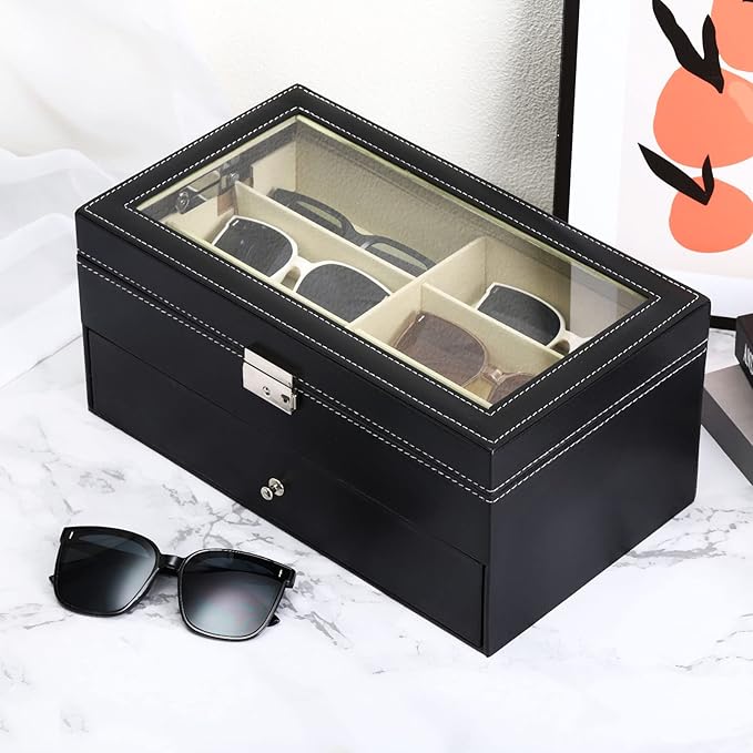 PATIKIL Sunglasses Organizer for Women Men, 12 Slot Leather Eyeglass Display Case Holder with Drawer Double-Layer Eyewear Storage Box, Black