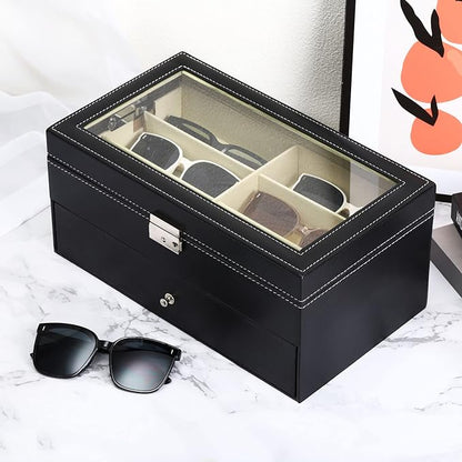 PATIKIL Sunglasses Organizer for Women Men, 12 Slot Leather Eyeglass Display Case Holder with Drawer Double-Layer Eyewear Storage Box, Black