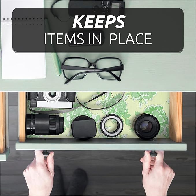 FIFTY FEET 18X96 Inch Shelf Liner for Kitchen Cabinets, PVC Drawer Liner for Dresser Non-Slip Bathroom, Non-Adhesive Cabinet Liner Washable (Green Flower)(5 Roll)
