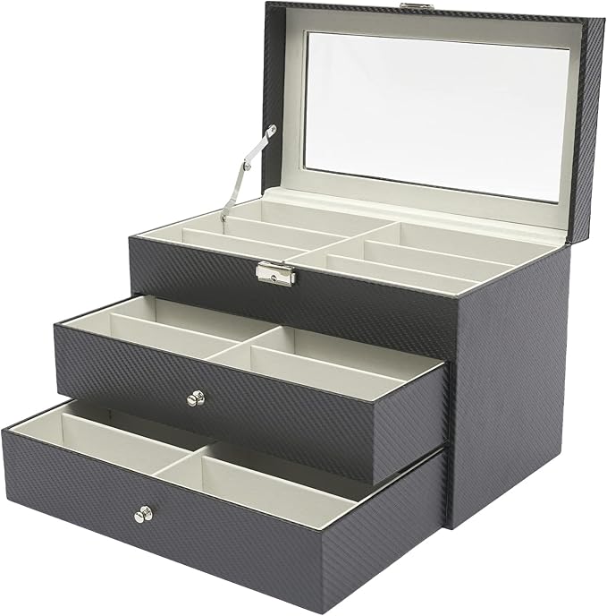 DouSeiAi 3 Layer Sunglasses Storage Box, 18 Grids of Glasses Organizer, Lockable Eyewear Display Case with Drawer (Grey)