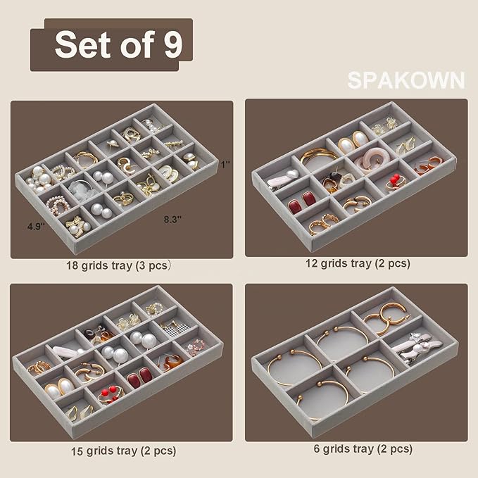 SPAKOWN Jewelry Organizer for Drawer Set of 9, Velvet Jewelry Tray Stackable Jewelry Organizer Display Trays Divided Earring Storage Containers (Grey)