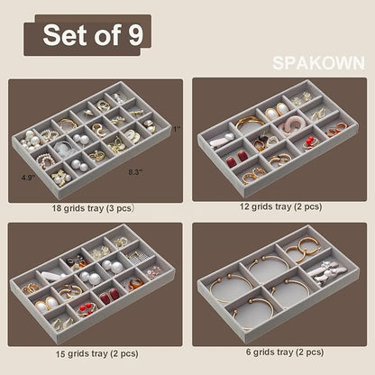 SPAKOWN Jewelry Organizer for Drawer Set of 9, Velvet Jewelry Tray Stackable Jewelry Organizer Display Trays Divided Earring Storage Containers (Grey)