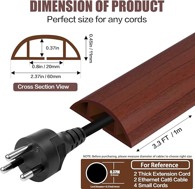 Floor Cord Cover Cavity 0.8"x0.37" Self Adhesive Cord Hider, 3.3FT Low Profile Cable Management, Extension Strip Protector for Wires, Prevent Cable Trips for Offices, Gyms, Exhibitions (Red Teak)