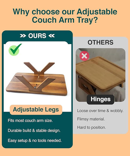 Acacia Couch Arm Tray Table – Fits Most of The Sofa Arms, 3 in 1 Adjustable Couch Arm Table with 360° Rotating Phone Holder, Wire Holder & Non-Slip Mat – Perfect Sofa Tray for Snacks & Coffee