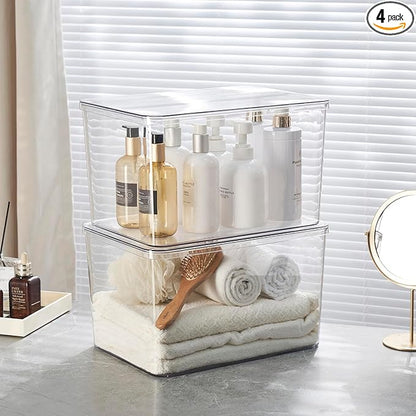 2Extra Large Lidded Plastic container , Clear Stackable Storage Boxes for Cabinets, Organization and Storage for Shelves Office Bathroom (2Extra Large)