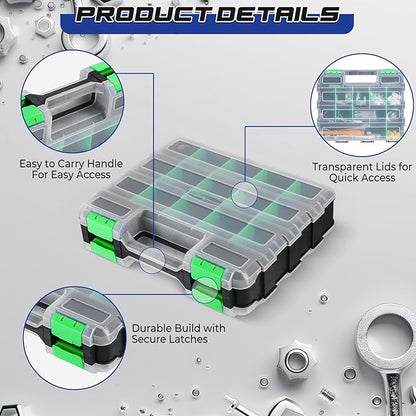 NATGAI 2 Pack Small Parts Organizers, 34-Compartments Double-Sided Tool Box with Removable Dividers for Hardware, Screws, Bolts, Nails & Fishing Accessories, Durable Plastic Storage Case (Green)