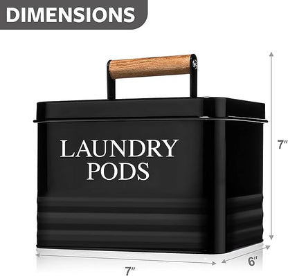Calindiana Modern Farmhouse Metal Laundry Pods Holder with Lid - Space Saving Organization, Holds 81 Pods, Black