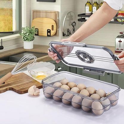 BSTKEY Egg Holder for Refrigerator, Egg Container with Time Scale, Egg Holder with Lid for Kitchen Storage, Stackable Tray for 18 Eggs