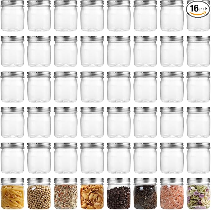 novelinks Plastic Jars With Lids 48Pcs 8 oz Plastic Mason Jars Food Storage for Milkshakes Juice Nuts Cupcakes (Silver, 48 Pack 8 Ounce)