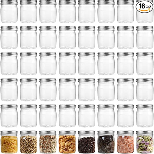 novelinks Plastic Jars With Lids 48Pcs 8 oz Plastic Mason Jars Food Storage for Milkshakes Juice Nuts Cupcakes (Silver, 48 Pack 8 Ounce)