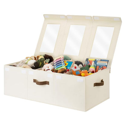 StorageWorks Large Toy Storage Bins with Lids, Collapsible Sturdy Toy Chests, Storage Chests with Dividers for Nursery, Living Room, Playroom, Bedroom, Beige