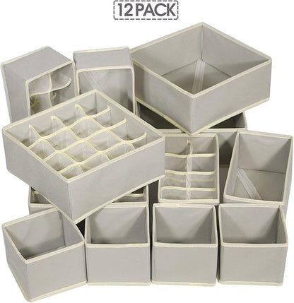 12 Pack Foldable Drawer Organizer Dividers Cloth Storage Box Closet Dresser Organizer Cube Fabric Containers Basket Bins for Underwear Bras Socks Panties Lingeries Nursery Baby Clothes Gray