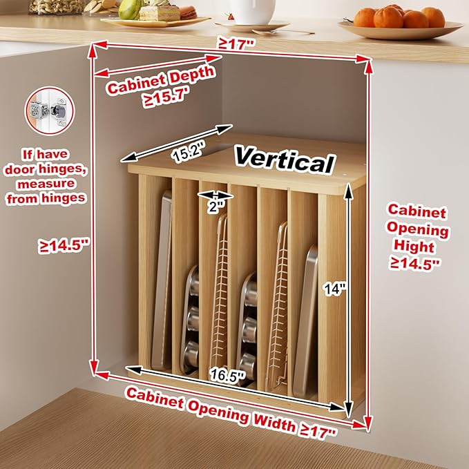 Sawjut 7 Tier Wooden Tray Dividers for Cabinets Cookie Sheet Organizer for Pot, Pans, Baking Tray Organizer for Kitchen Documents Storage(14" W x 16.5" H x 15.2" D)