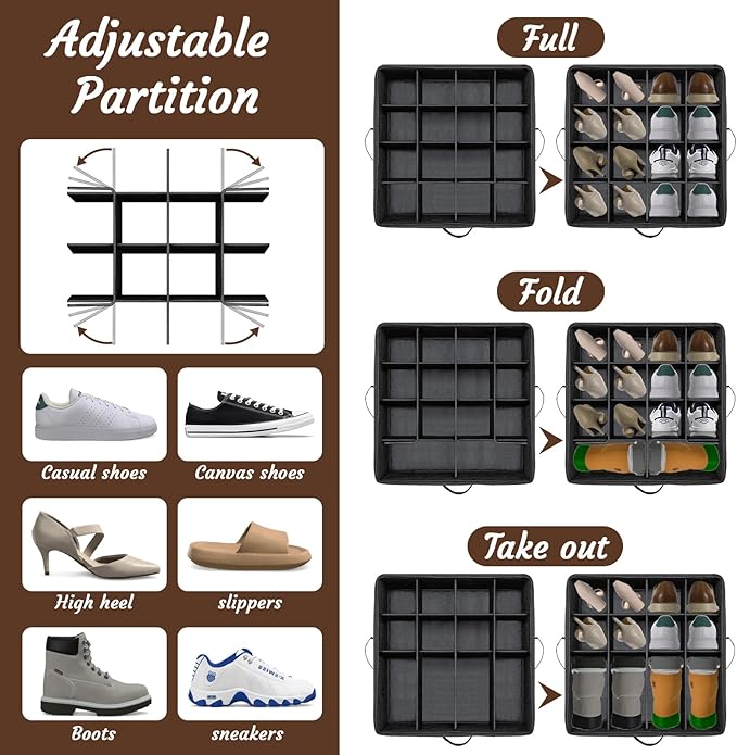 PAKISOU Shoe Storage Organizer, Fits 16 Pairs, Closet Shoe Box with Adjustable Dividers & Transparent Lid, Foldable Fabric Shoe Container with Handles for Space-Saving Shoe Storage (Black)