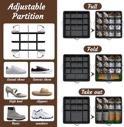 PAKISOU Shoe Storage Organizer, Fits 16 Pairs, Closet Shoe Box with Adjustable Dividers & Transparent Lid, Foldable Fabric Shoe Container with Handles for Space-Saving Shoe Storage (Black)