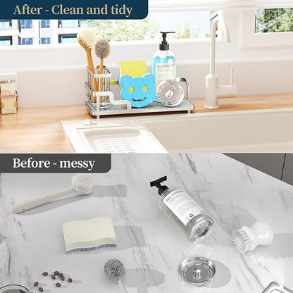 Consumest Sponge Holder for Kitchen Sink - Sink Caddy Organizer with Water Absorbing Stone Tray, Detachable Brush Holder, Stainless Steel Kitchen Counter Organizer Rack, Silver