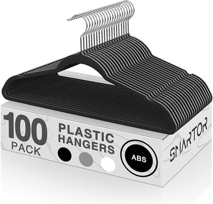 SMARTOR Heavy Duty Hangers 100 Pack, Premium Plastic Hangers for Clothes - Heavy Duty Non-Velvet Hanger with 360° Swivel Chrome Hook & Non Slip Notches - As Dress, Coats, Shirt, Jacket Hanger - Black