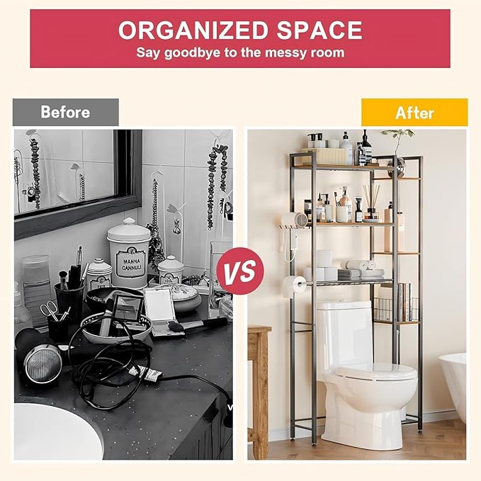 QOOIE Over The Toilet Storage with Wooden Shelves and Side Rack, 7-Tier Metal Over Toilet Bathroom Organizer Freestanding Storage Shelf for Toilet Paper, Towels, Toiletries, Ideal for Small Bathroom
