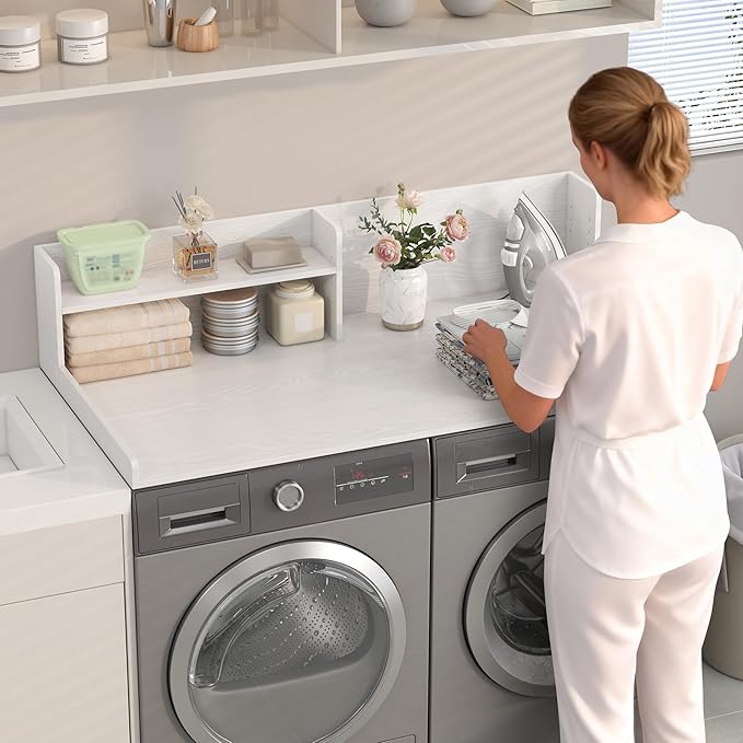 Washer Dryer Countertop, White - 2-Tier Wood 54" x 27.5" Laundry Topper with Safety Guard & Non-Slip Pads, Over The Washer Dryer Folding Shelf for Maximum Space Saving & Organization
