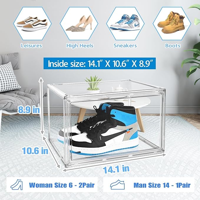 DAYOOH 10 Pcs Clear Shoe Storage Boxes Stackable Acrylic Sneaker Shoe Display Case Size 14, Transparent Storage Bins for Boot Handbag Organizer Containers with Magnetic Lids