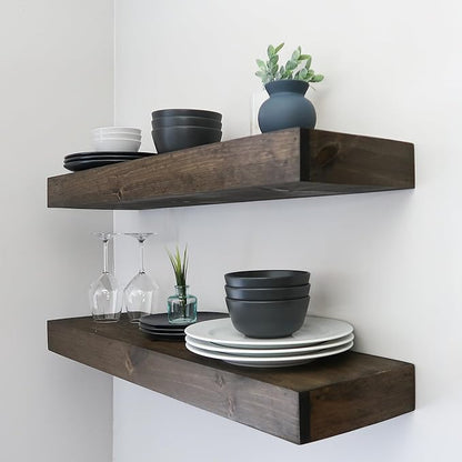 Urbandi Modern Floating Shelves 3 Inches Thick for Wall, Wide Shelves for Kitchen, Living Room, Bedroom, and Bathroom, Natural Pine Wood, Rustic Wooden Shelf, (Set of 2) (Jacobean, 48Lx3Hx6D)