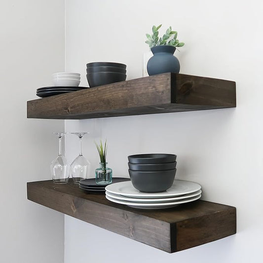 Urbandi Modern Floating Shelves 3 Inches Thick for Wall, Wide Shelves for Kitchen, Living Room, Bedroom, and Bathroom, Natural Pine Wood, Rustic Wooden Shelf, (Set of 2) (Jacobean, 48Lx3Hx6D)
