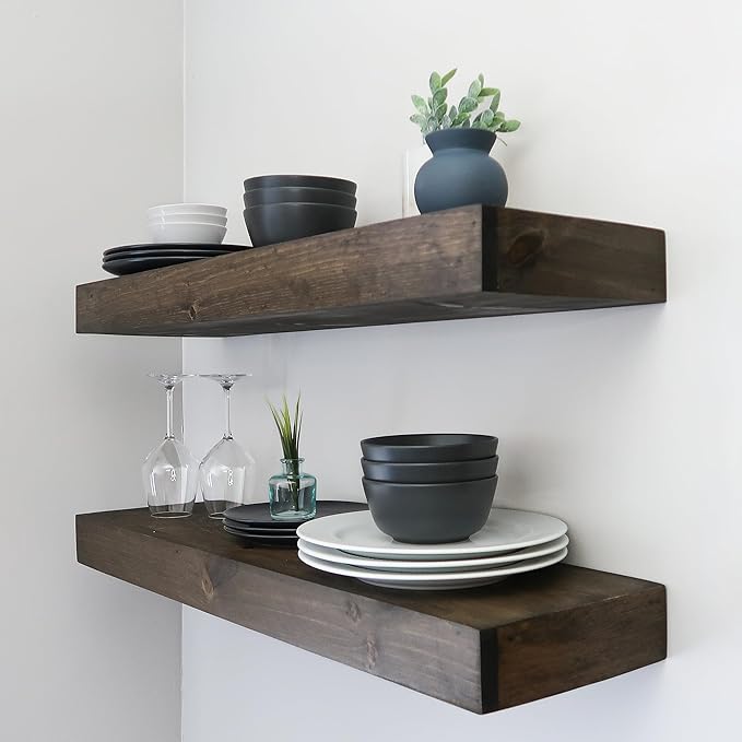 Urbandi Modern Floating Shelves 3 Inches Thick for Wall, Wide Shelves for Kitchen, Living Room, Bedroom, and Bathroom, Natural Pine Wood, Rustic Wooden Shelf, (Set of 2) (Jacobean, 24Lx3Hx8D)