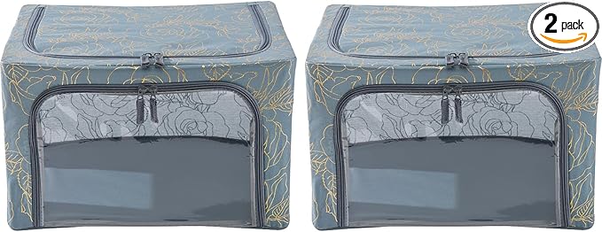 Periea Oxford Cloth Steel Frame Storage Boxes - Under-Bed or in Closet - Pack of 2 Small Organizers (Metallic Floral)