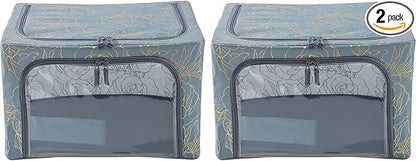 Periea Oxford Cloth Steel Frame Storage Boxes - Under-Bed or in Closet - Pack of 2 Small Organizers (Metallic Floral)