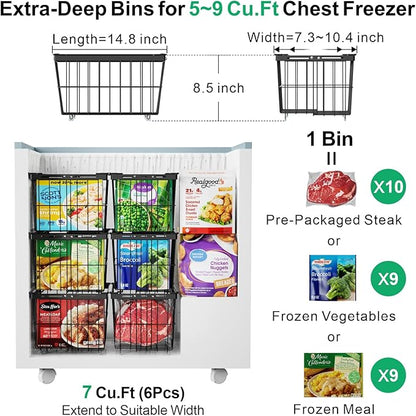 iSPECLE Freezer Organizer Bins - 5 Pack Adjustable & Extra Large Deep Freezer Organizer Bins for 5 to 9 Cu.Ft Chest Freezer, Easy Organize Basket Store More, Stackable No Wasted Space, Black