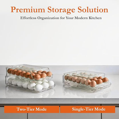 Egg Holder for Fridge (36 Eggs) | Automatic Rolling Dispenser for Refrigerator, Foldable | Fits All Egg Sizes Without Collision, Clear, Durable, BPA-Free with Lid | Gift: Egg Separator