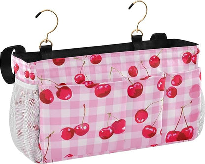 CuwrYet Bedside Caddy Hanging Bunk Bed Caddy Bed Organizer Hanging Pocket with 2 Hooks Bedside Storage Organizer Pocket Bag Holder Pink Juicy Checkered Cherry
