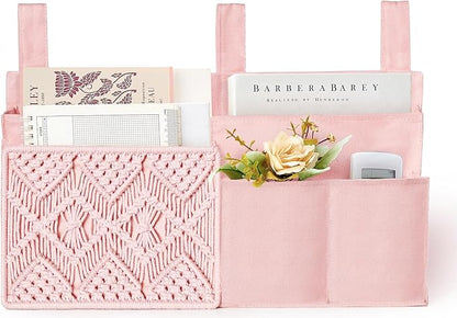 Mkono Bedside Caddy Hanging Organizer, Bunk Woven 7 Pockets Bed Storage Bag Boho Remote Magazine Books Holder with Macrame for Loft Bed College Dorm Bedroom Baby Bed Rails, Pink